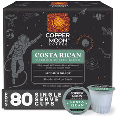 Copper Moon Costa Rican medium roast K-Cup pods packaging highlights premium sourcing and aroma.