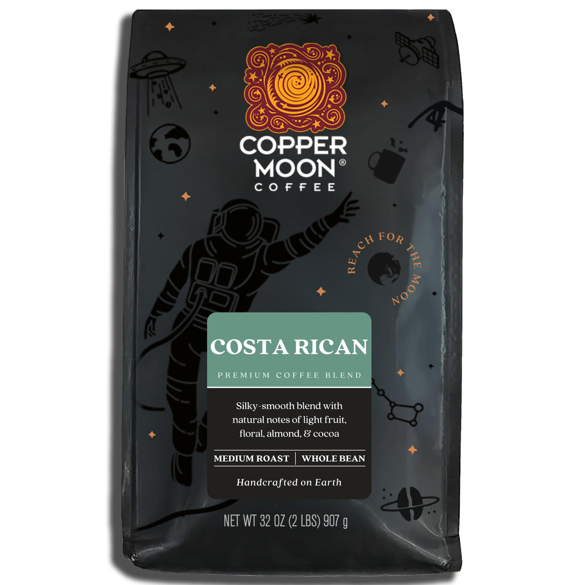 Copper Moon Costa Rican medium roast whole bean for bright, smooth morning flavor.