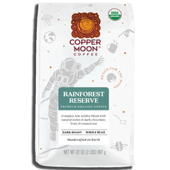 Copper Moon dark roast whole bean coffee bag showing rich aroma and smooth finish.