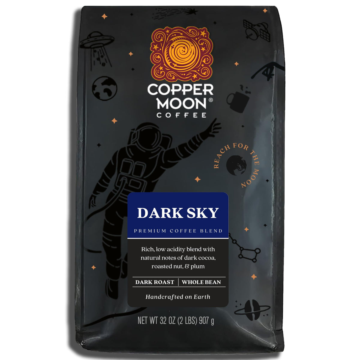 Copper Moon Dark Sky Blend beans with a smooth, low-acidity cup