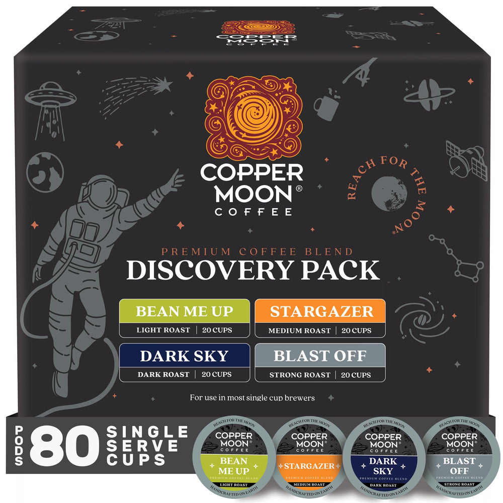 Copper Moon Discovery Pack pods for Keurig, sample all blends with smooth aroma.