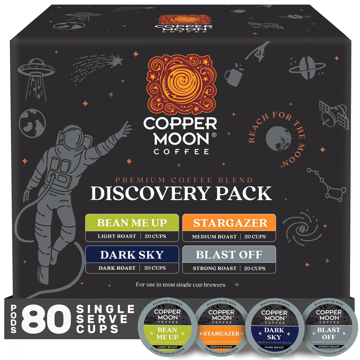 Copper Moon Discovery Pack pods for Keurig, sample all blends with smooth aroma.
