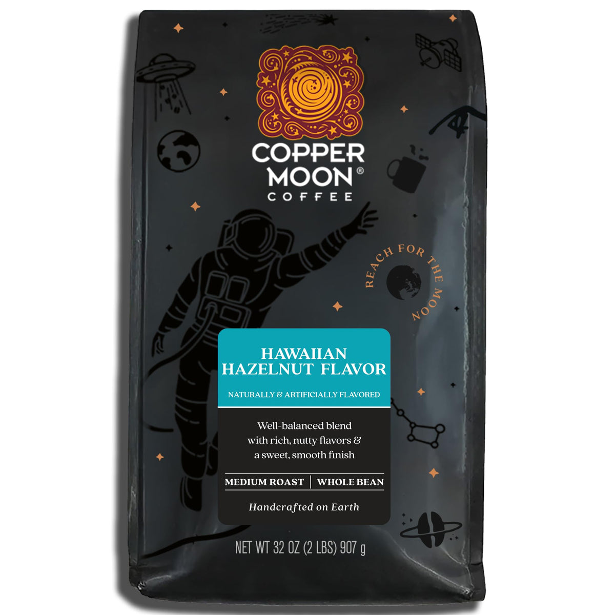 Copper Moon Hawaiian Hazelnut Medium Roast bag front highlights premium flavor.