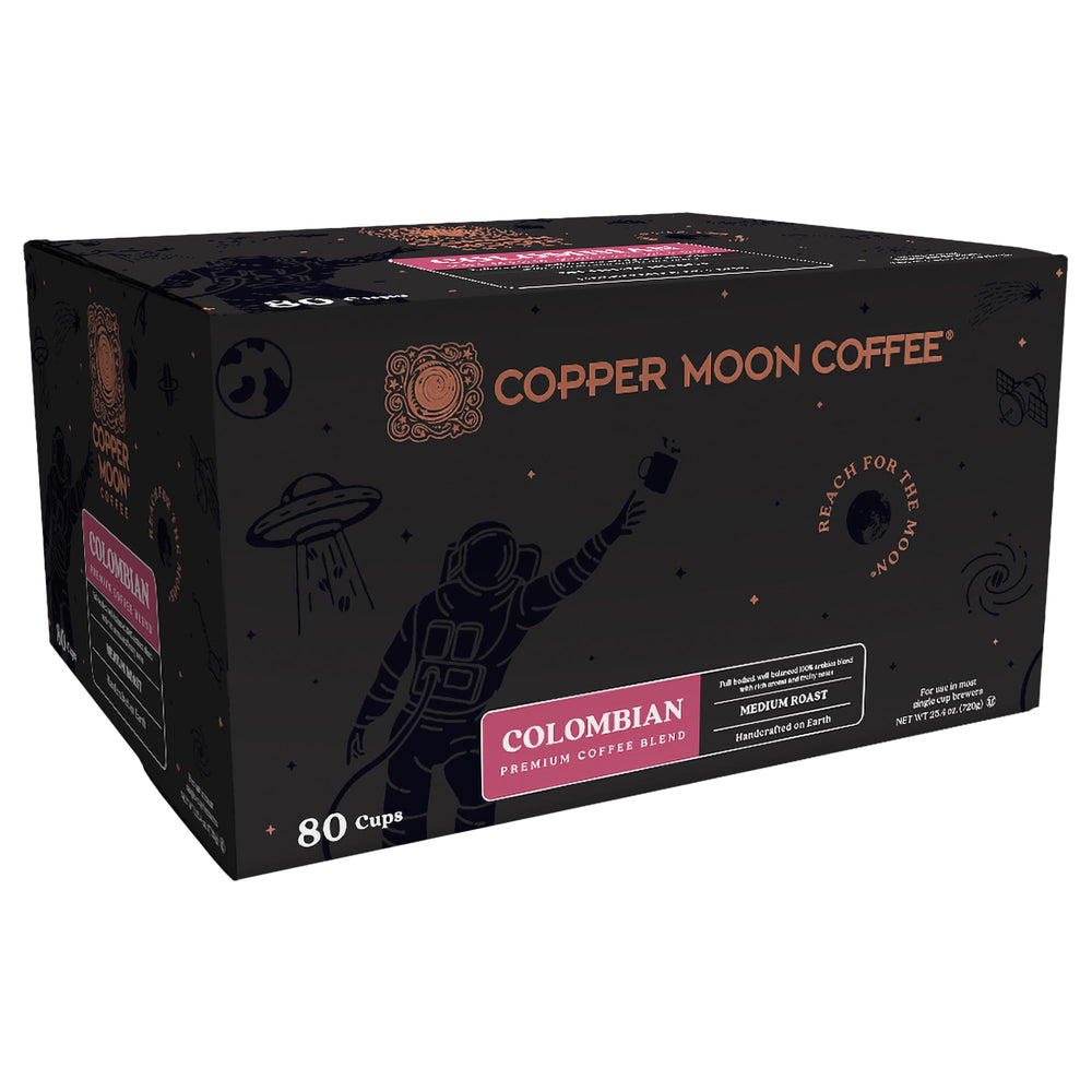 Copper Moon medium-roast Colombian blend bag highlights premium beans and flavor.