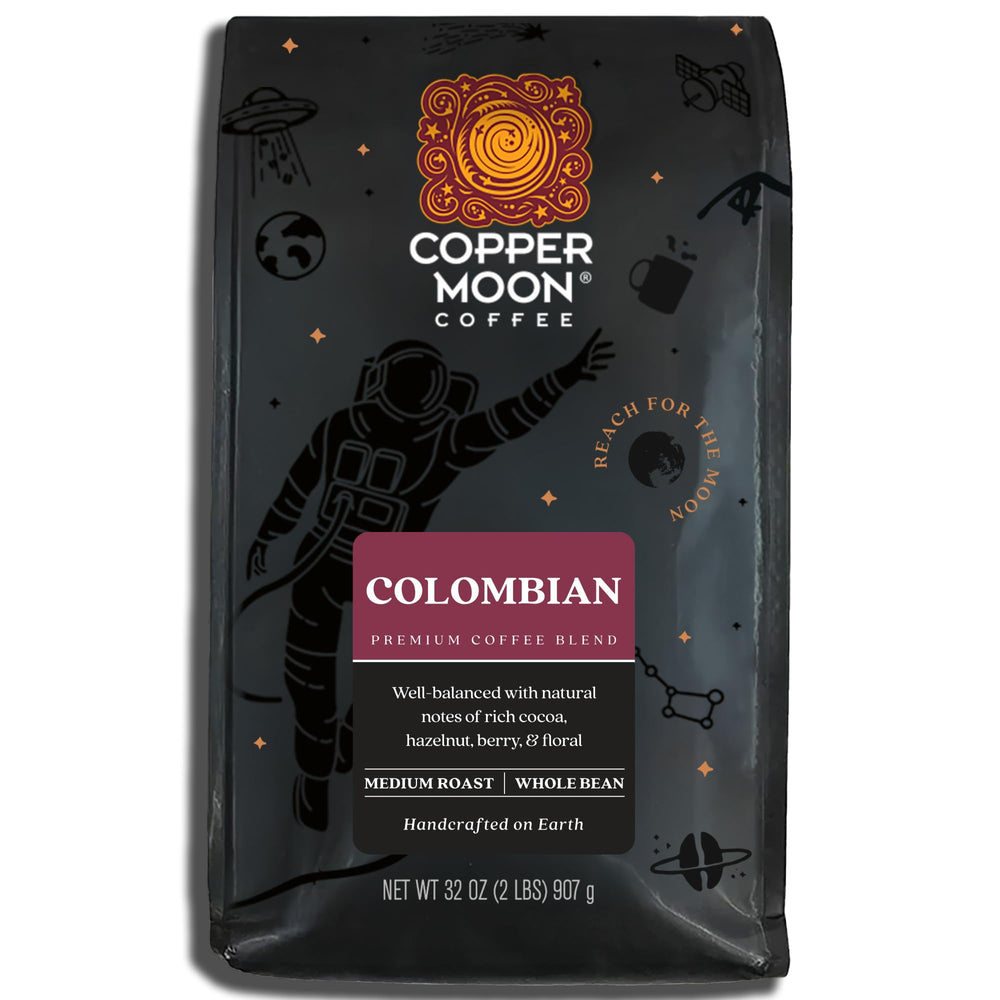 Copper Moon medium roast Colombian coffee beans in a 2 lb bag for home brewing.