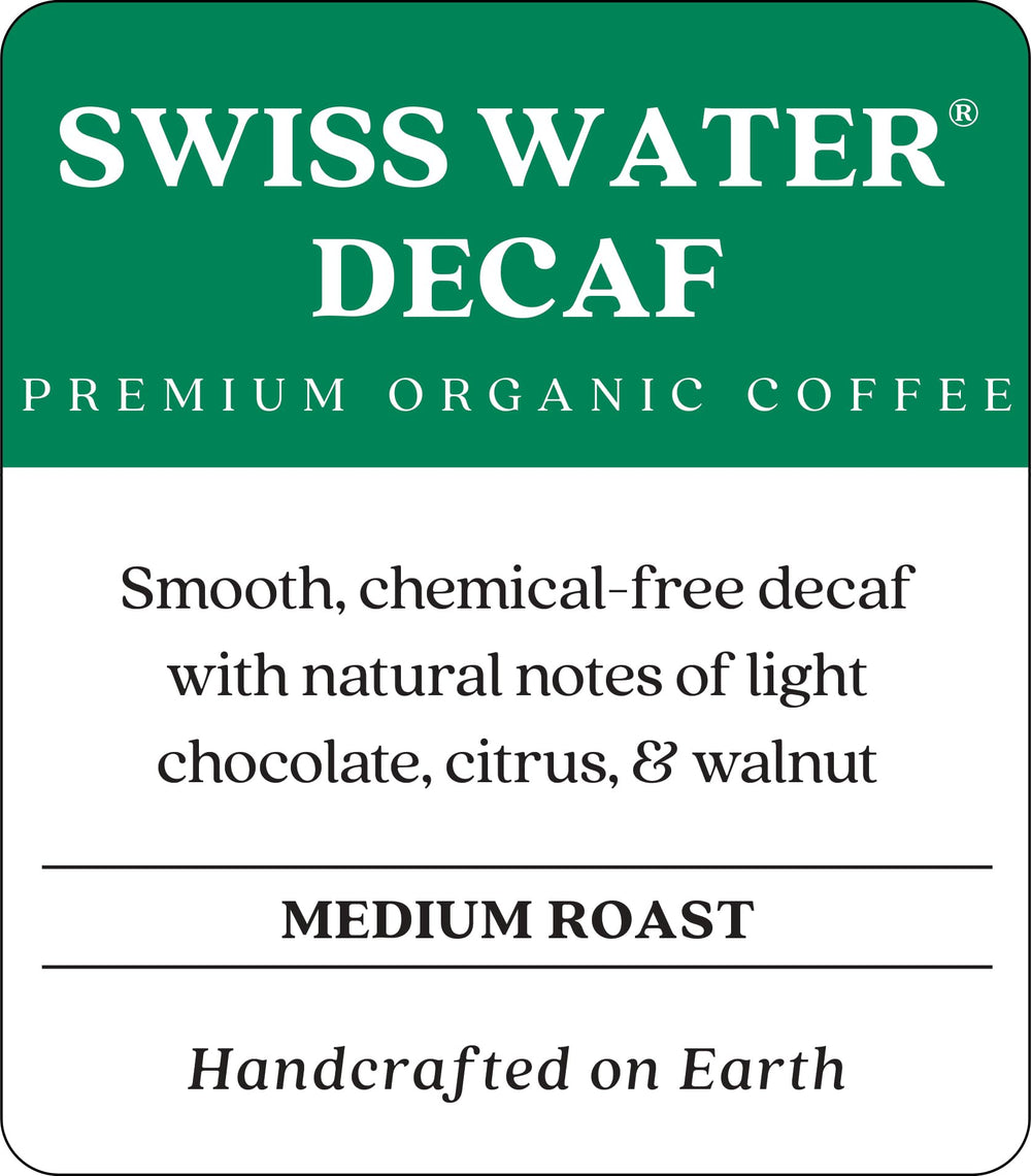 Copper Moon organic Swiss Water decaf beans with 99.9% caffeine removal for a smooth cup.