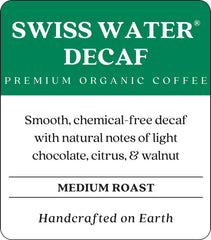 Copper Moon organic Swiss Water decaf beans with 99.9% caffeine removal for a smooth cup.