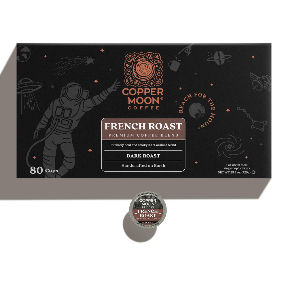 Copper Moon packaging on shelf showcases French Roast blend