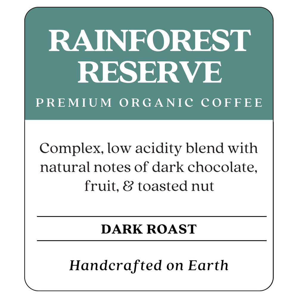 Copper Moon Rainforest Reserve organic blend label highlighting vibrant, sustainable sourcing.