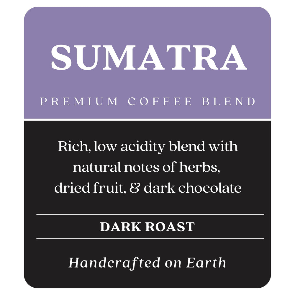 Copper Moon Sumatra Dark Roast coffee bag label highlighting origin and quality