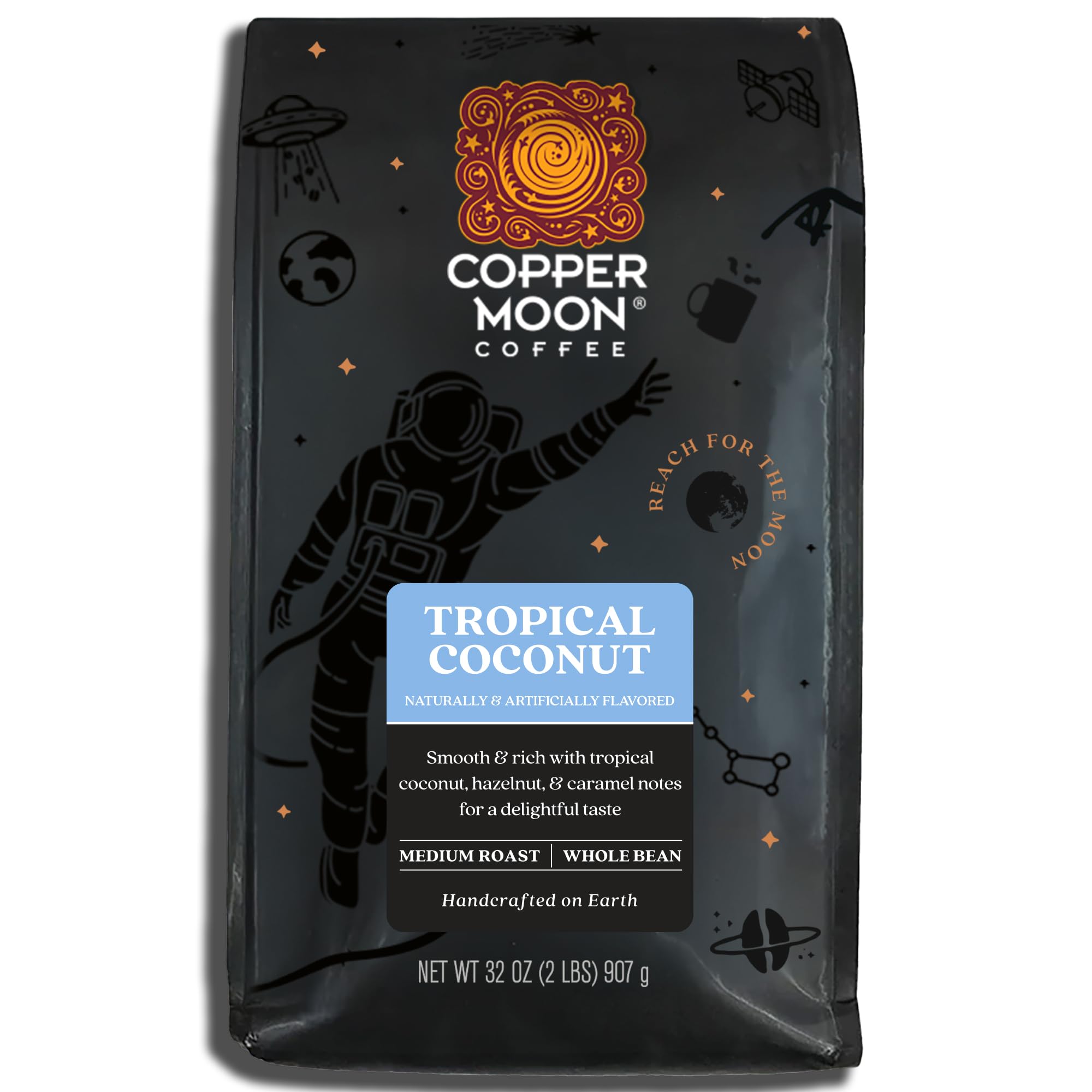 Copper Moon Tropical Coconut coffee beans ready for a smooth brew