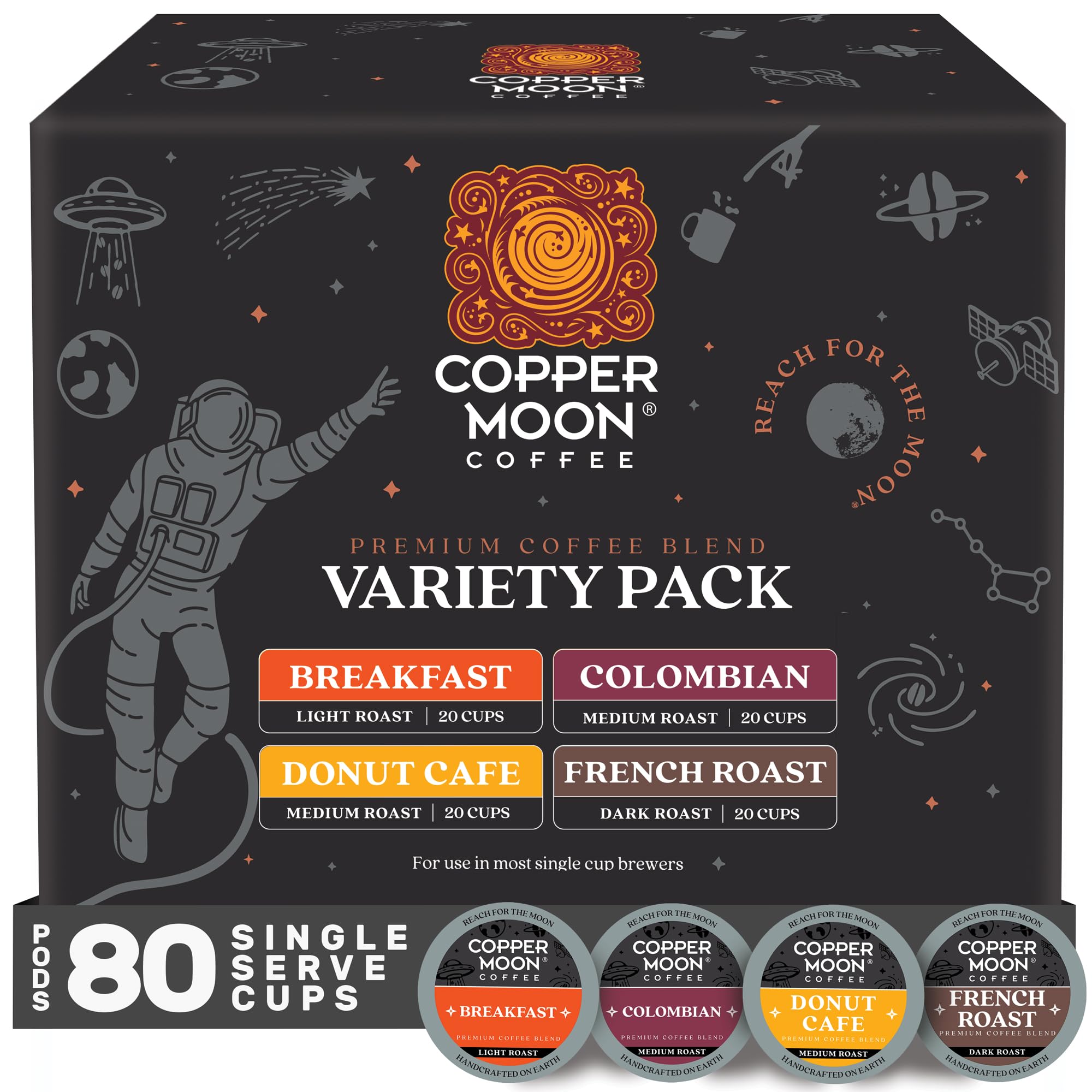 Copper Moon variety pack coffee pods in a box for sampling multiple roasts.