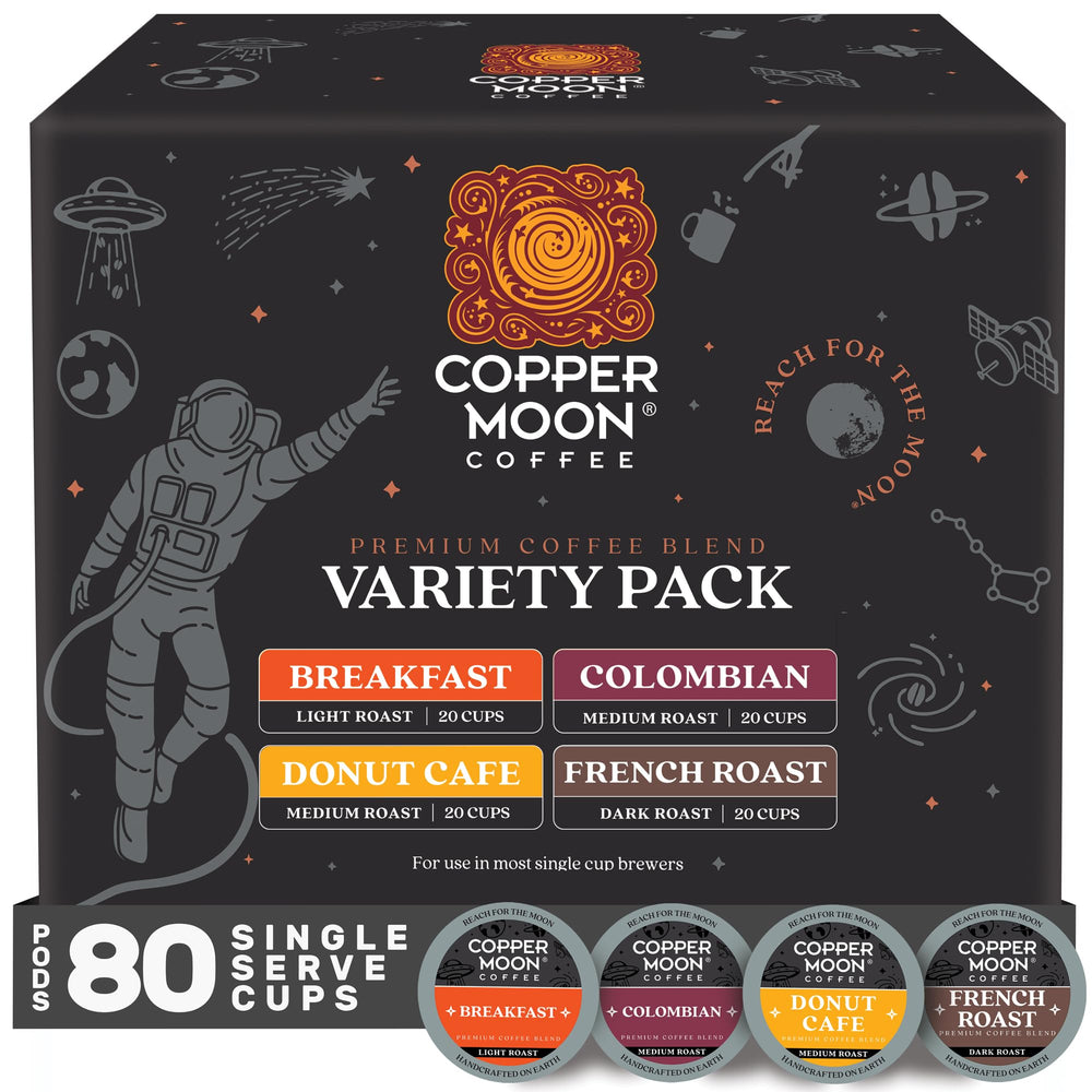 Copper Moon variety pack coffee pods in a box for sampling multiple roasts.