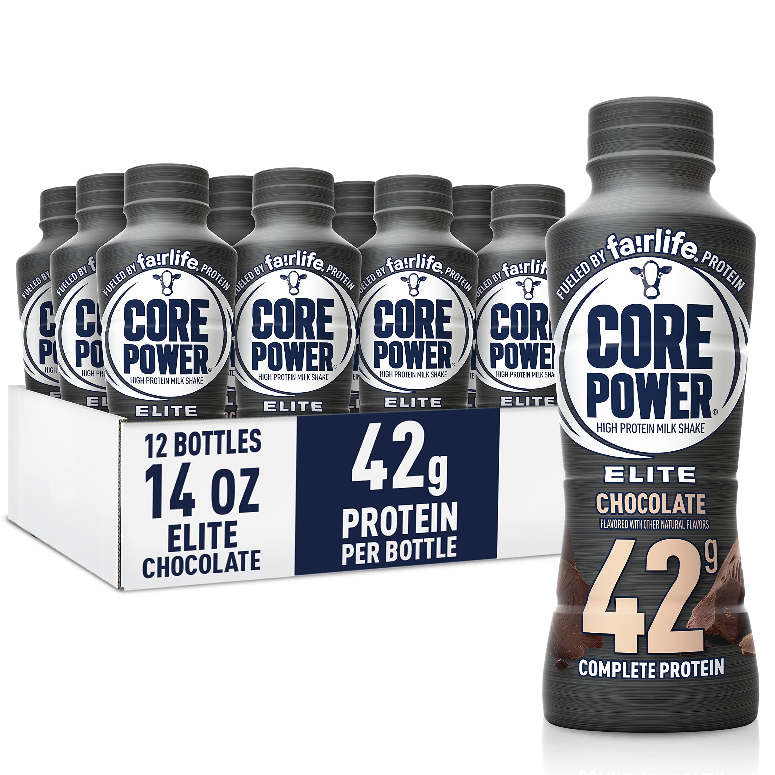 Core Power Elite Chocolate bottle showing creamy protein shake and label