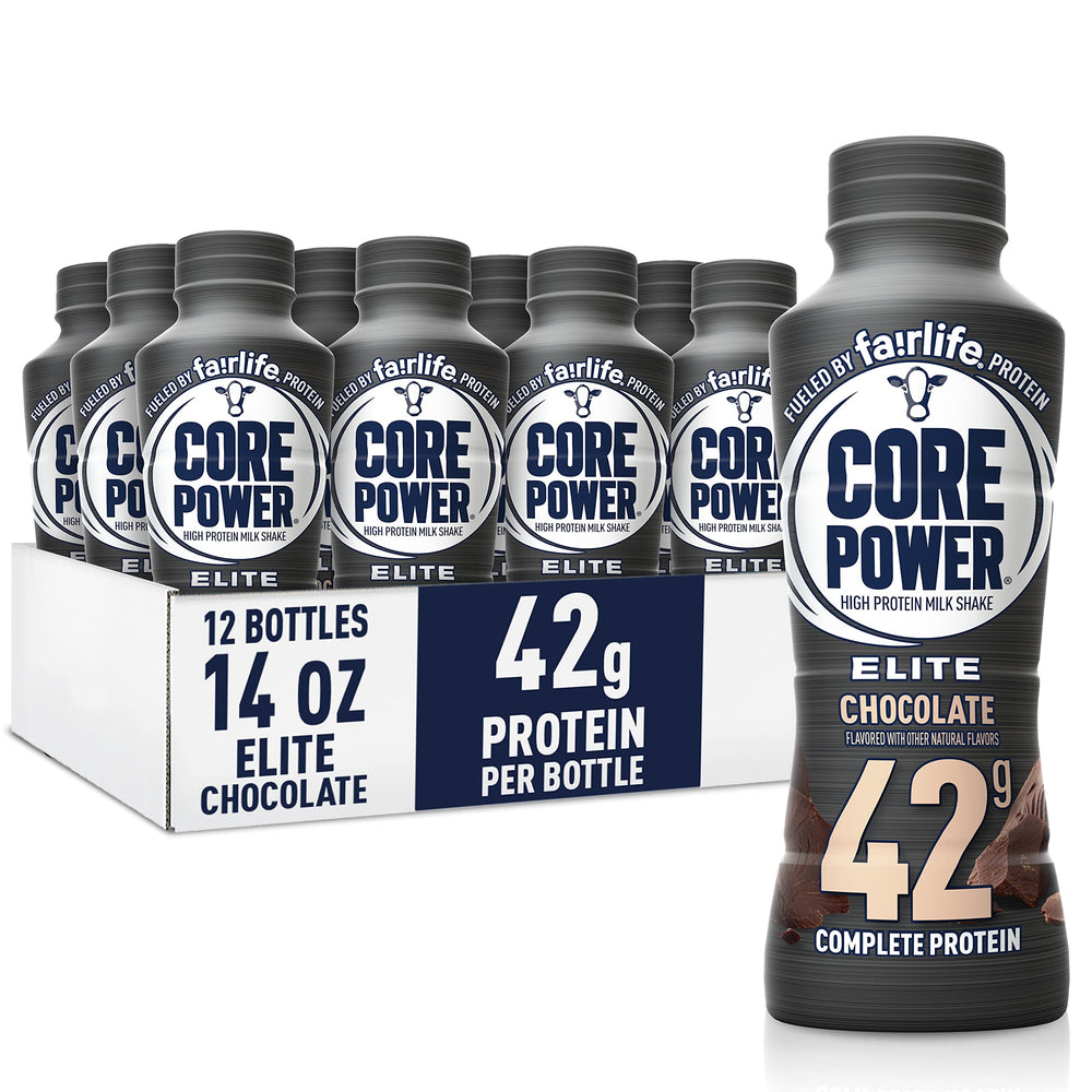 Core Power Elite Chocolate bottle showing creamy protein shake and label