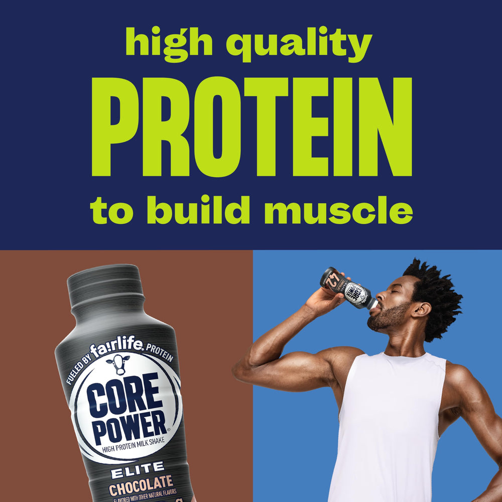 Close-up of Core Power Elite Chocolate label and nutrition details