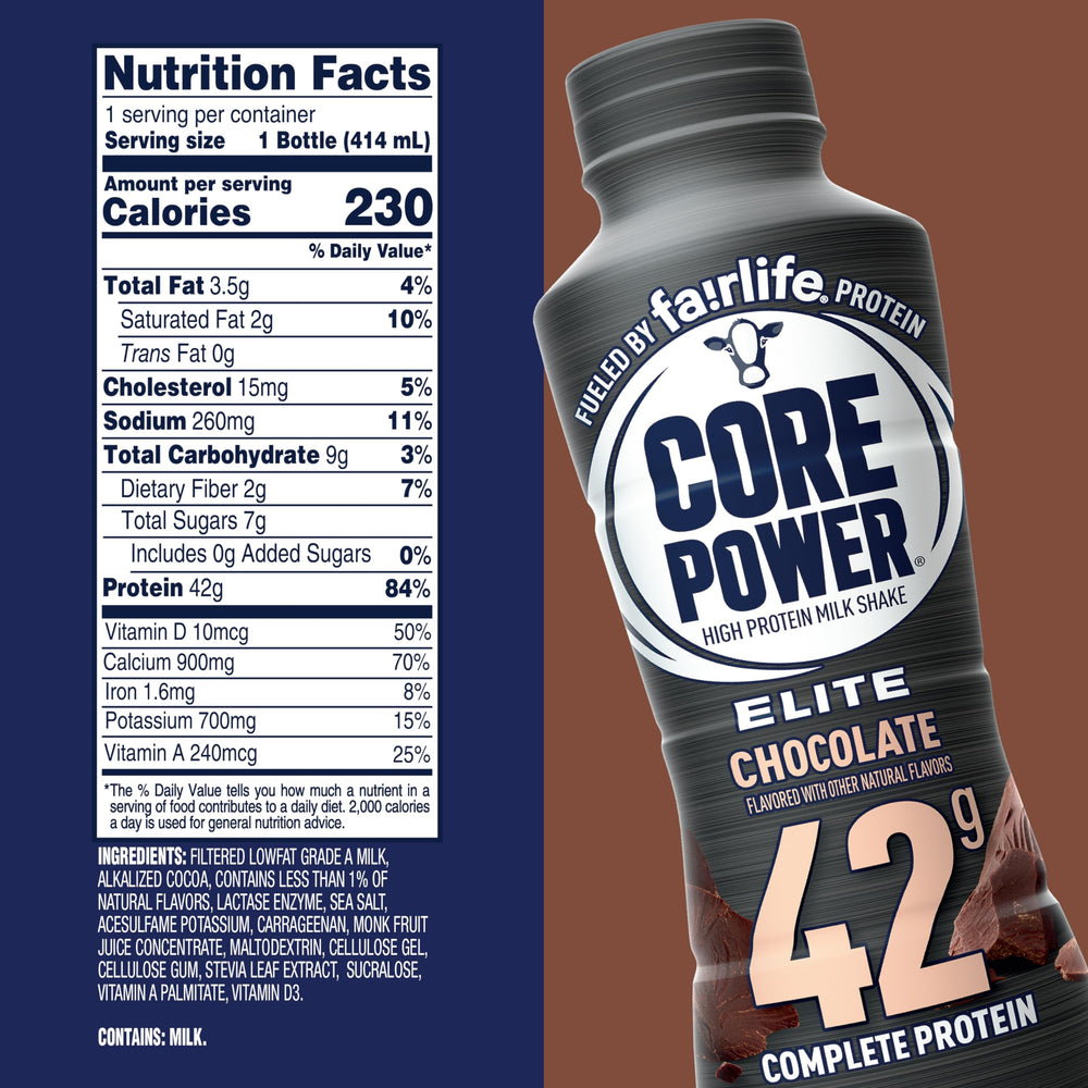 Core Power Elite Chocolate shake pouring into a glass