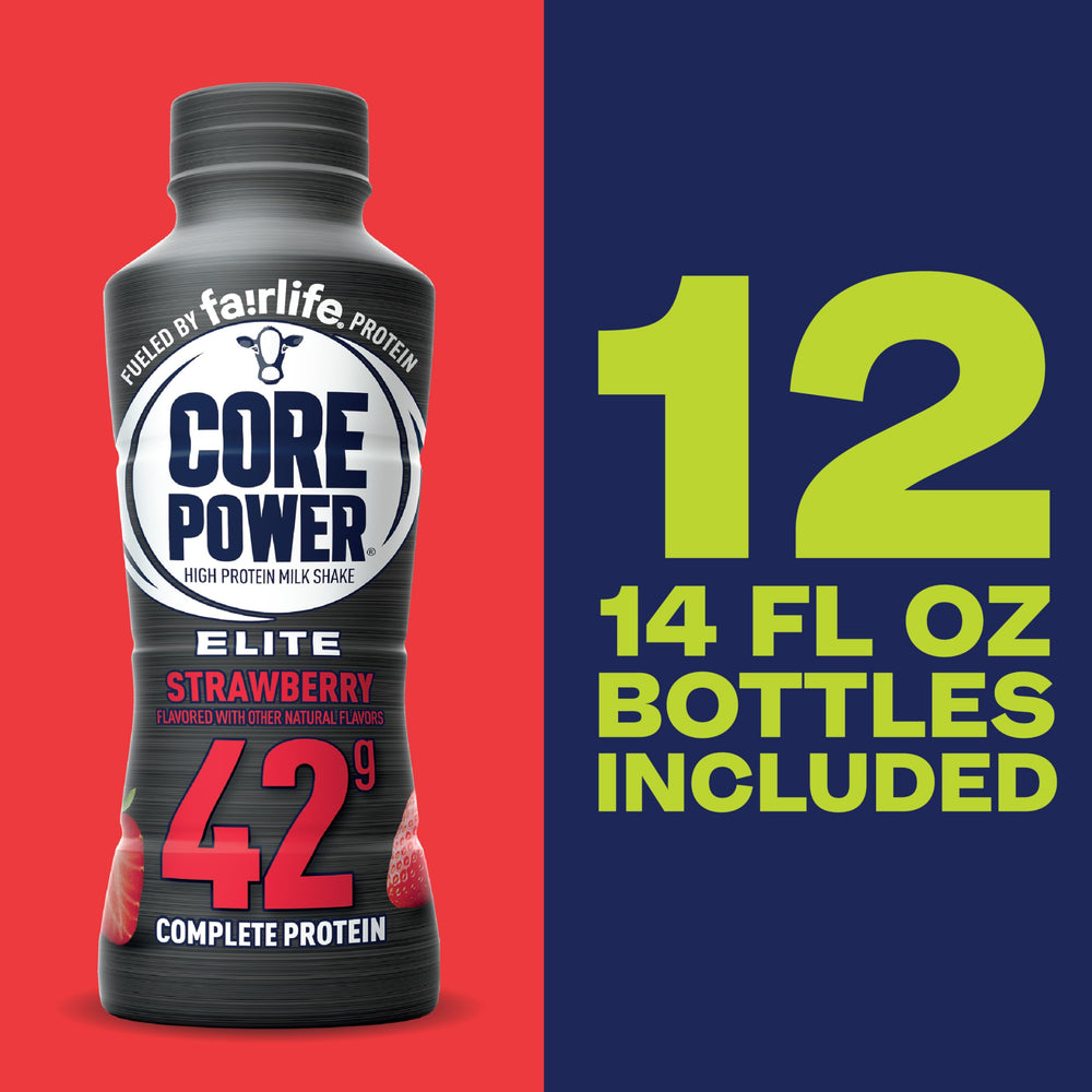 Core Power Elite Strawberry nutrition facts panel emphasizing protein and electrolytes.