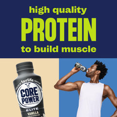 12-pack carton side view featuring Core Power Elite Vanilla.