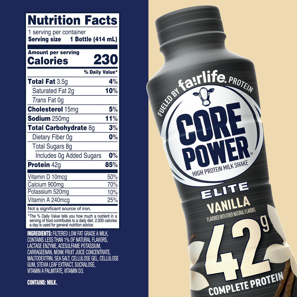 Core Power Elite Vanilla bottle nutrition label highlights protein.