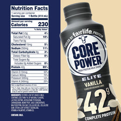 Core Power Elite Vanilla bottle nutrition label highlights protein.