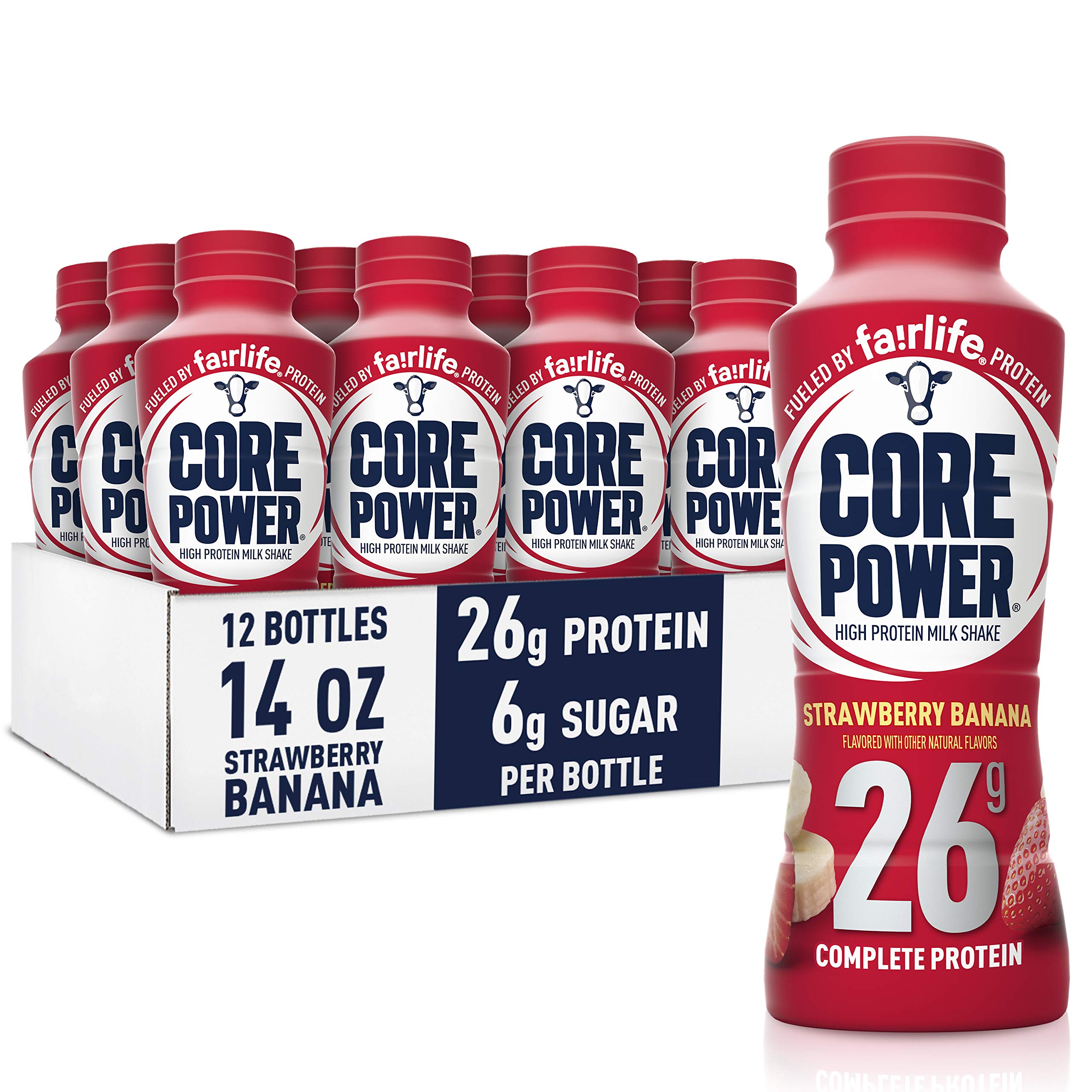 Core Power Strawberry Banana bottle front showing 26g protein per serving