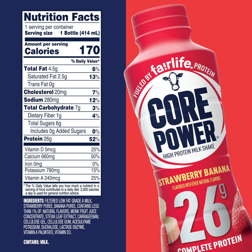 Core Power Strawberry Banana bottle pour for quick, smooth flavor