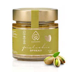 CORINTO pistachio cream spread in a jar, highlighting premium ingredients and rich flavor.