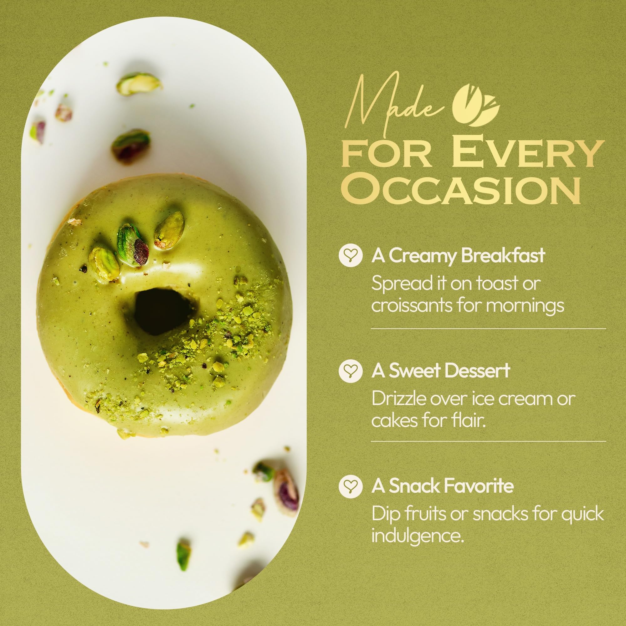 CORINTO pistachio cream spread paired with vanilla dessert for depth.