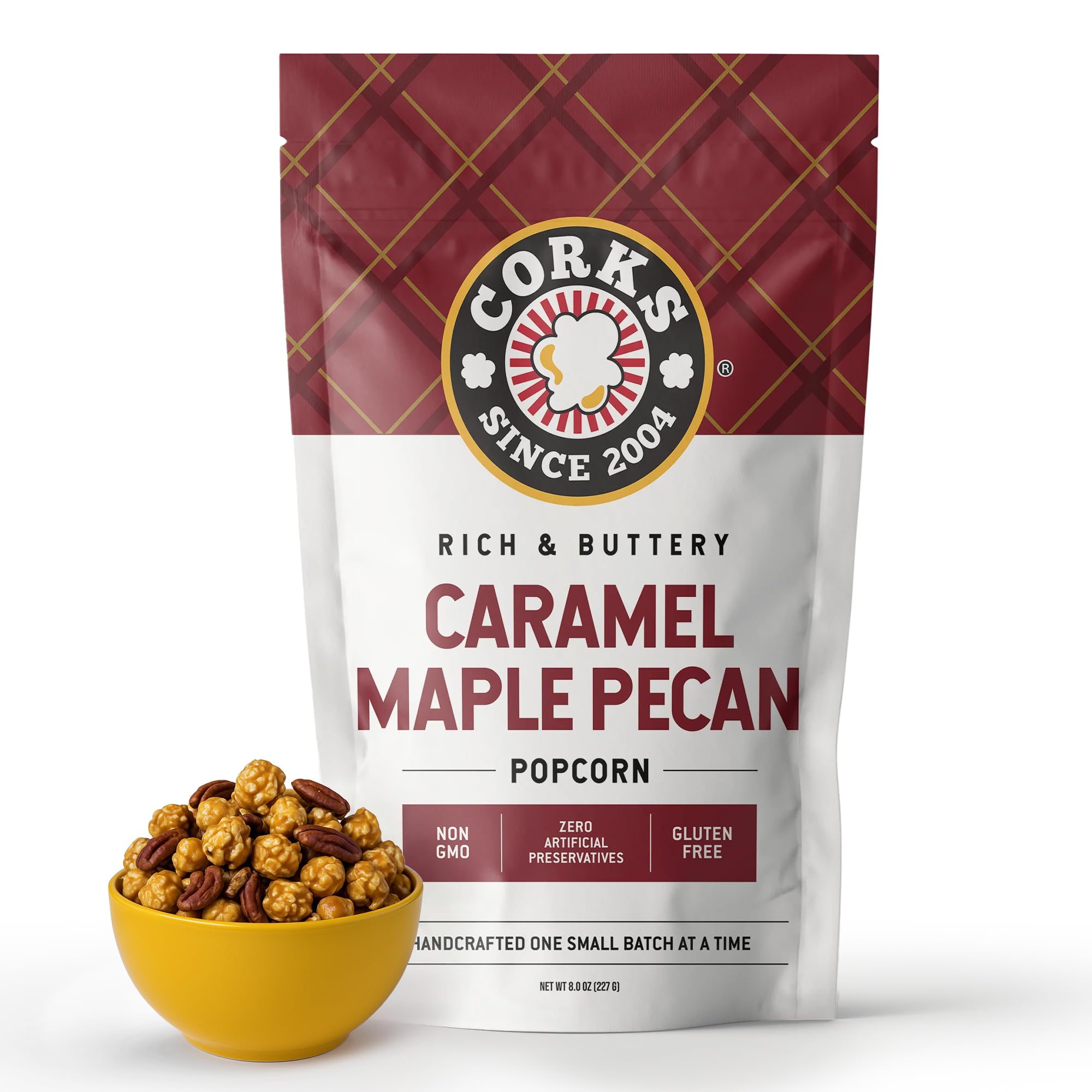 Corks Caramel Maple Pecan Popcorn bag shows rich glaze and pecans, ideal for sharing.