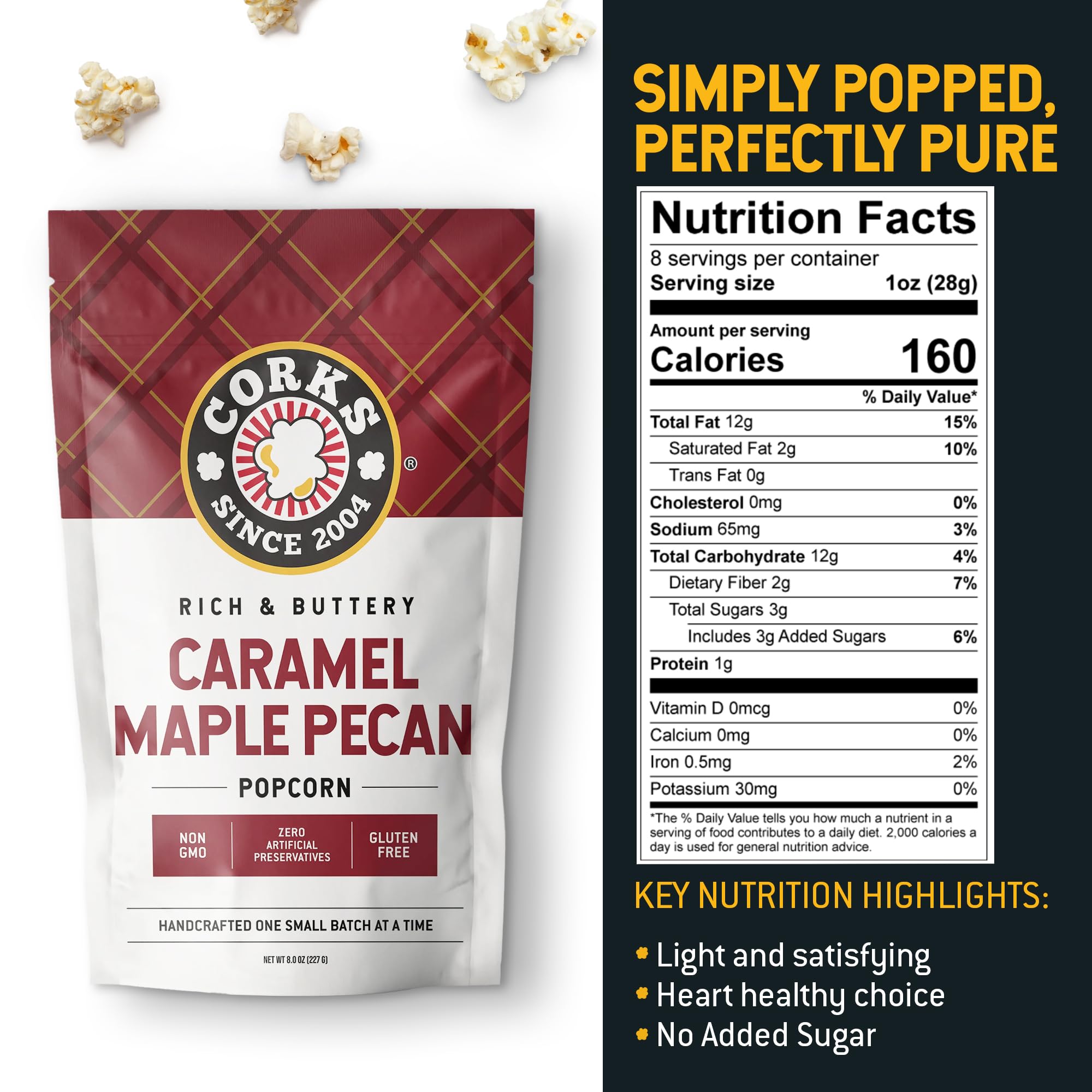Corks Caramel Maple Pecan Popcorn close-up highlights buttery glaze and crisp texture.