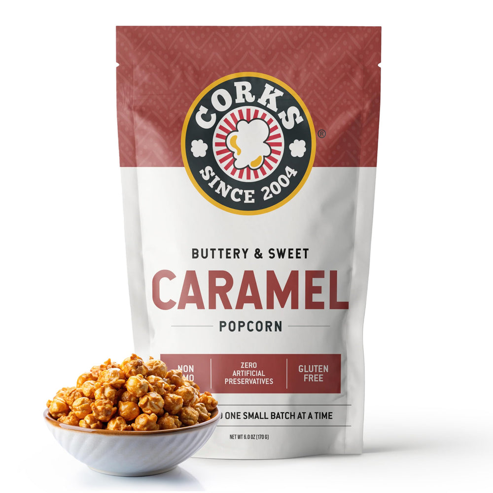 Corks Popcorn Classic Caramel 6oz bag - resealable packaging for fresh snacking on the go.