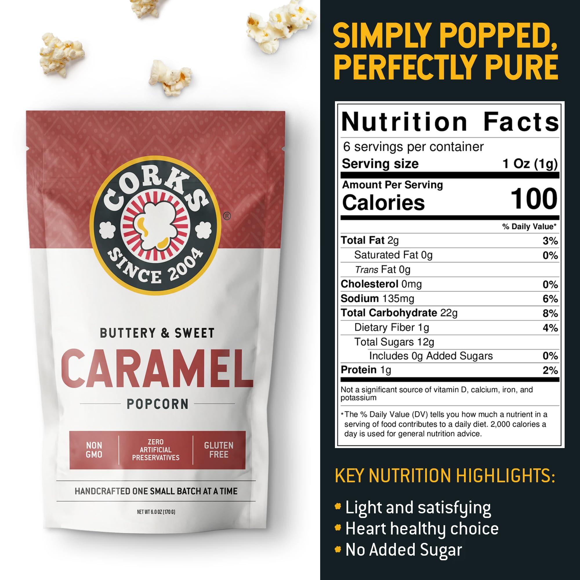 Corks Popcorn Classic Caramel close-up showing golden caramel coating for indulgent crunch.