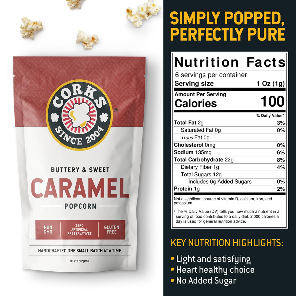 Corks Popcorn Classic Caramel close-up showing golden caramel coating for indulgent crunch.