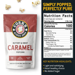 Corks Popcorn Classic Caramel close-up showing golden caramel coating for indulgent crunch.