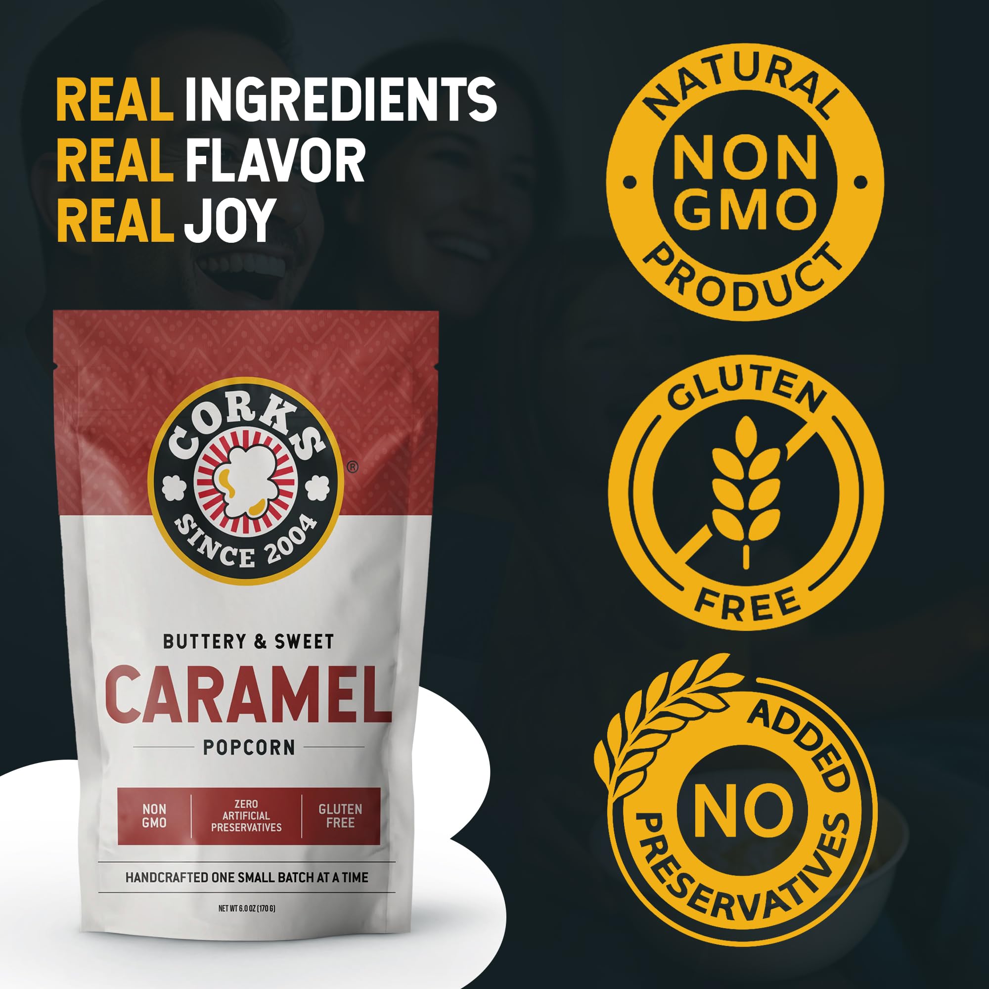 Corks Popcorn Classic Caramel packaging highlights gluten-free and non-GMO snack.