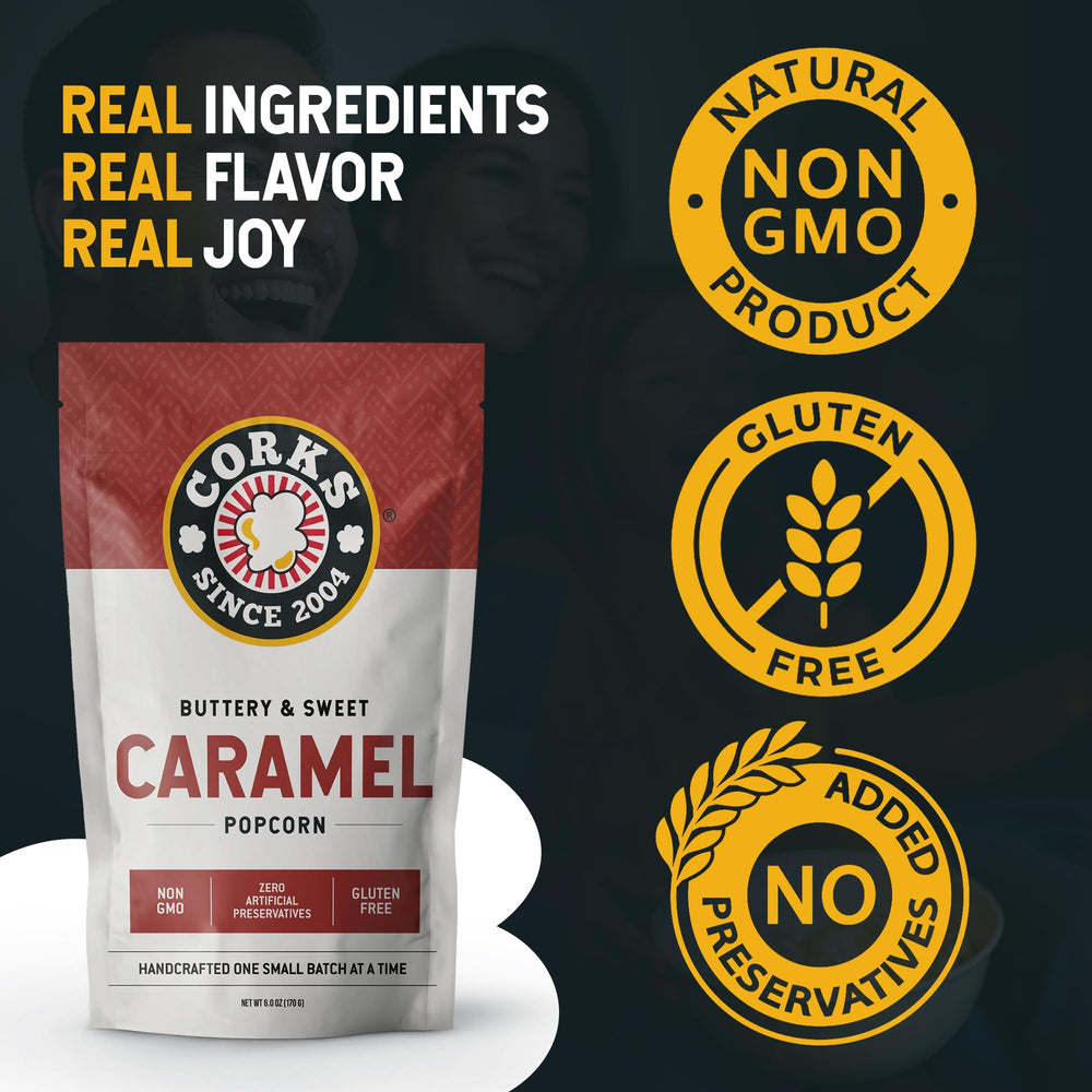 Corks Popcorn Classic Caramel packaging highlights gluten-free and non-GMO snack.