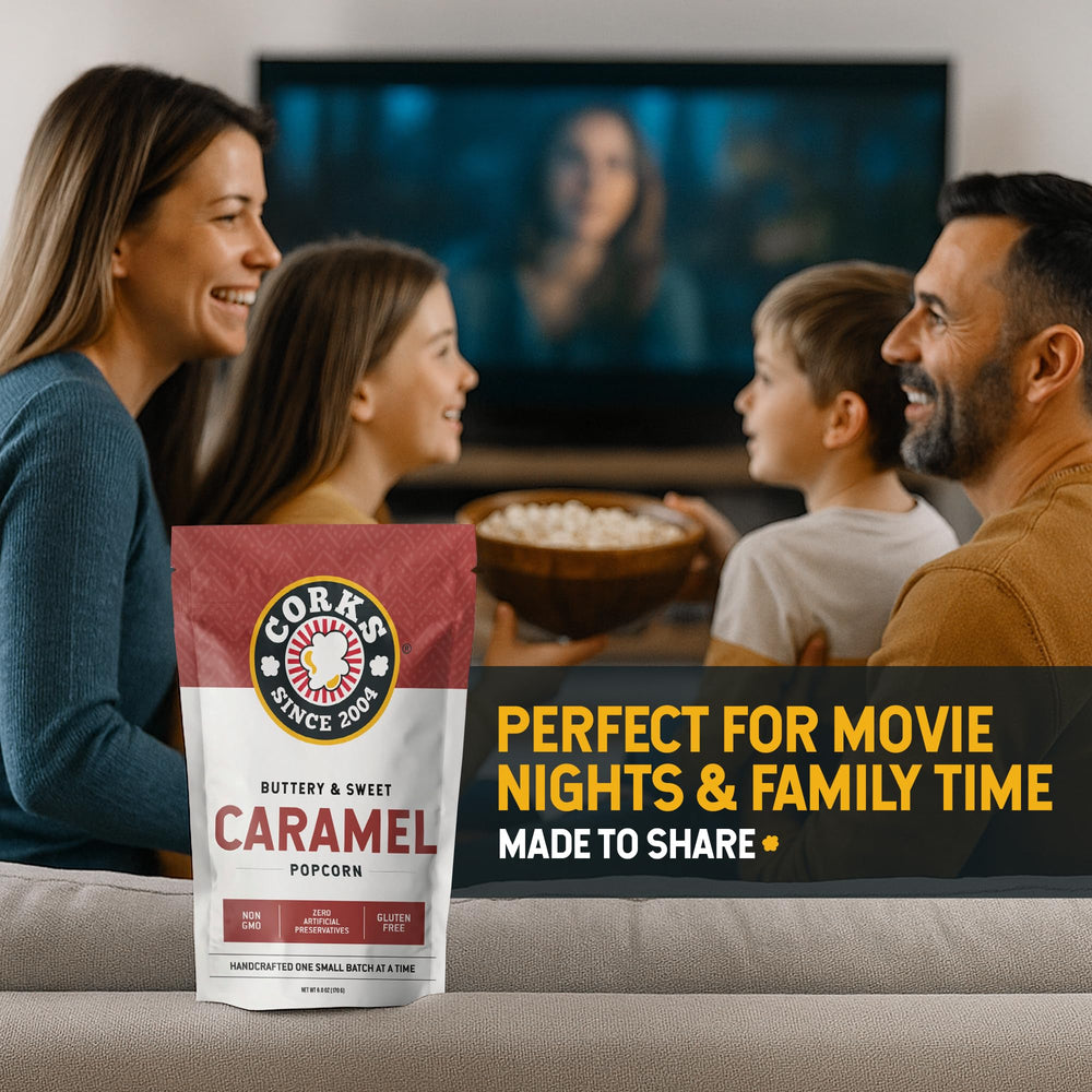 Corks Popcorn Classic Caramel serving bowl ideal for movie night treats.