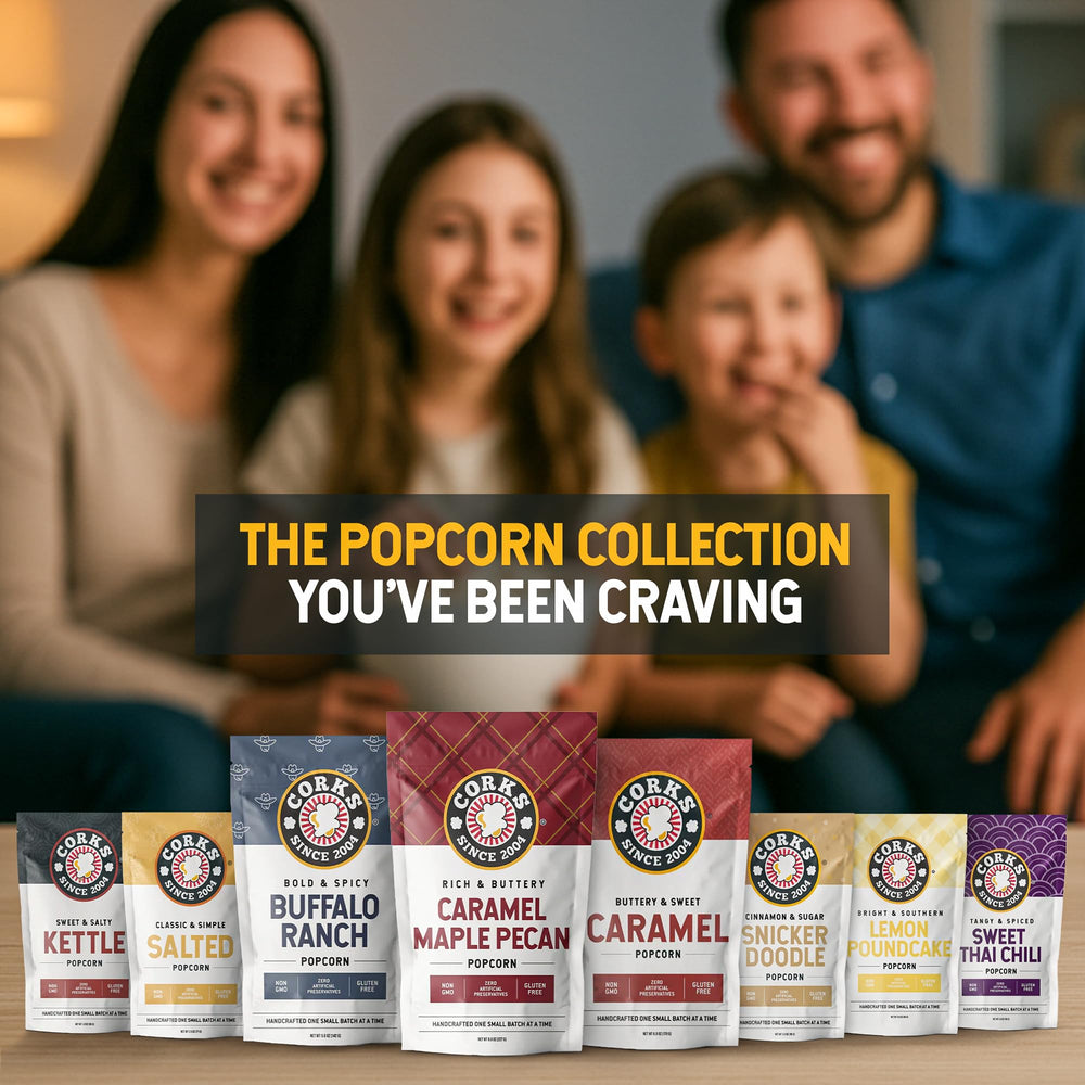 Corks Popcorn Classic Caramel snack setup perfect party favor.