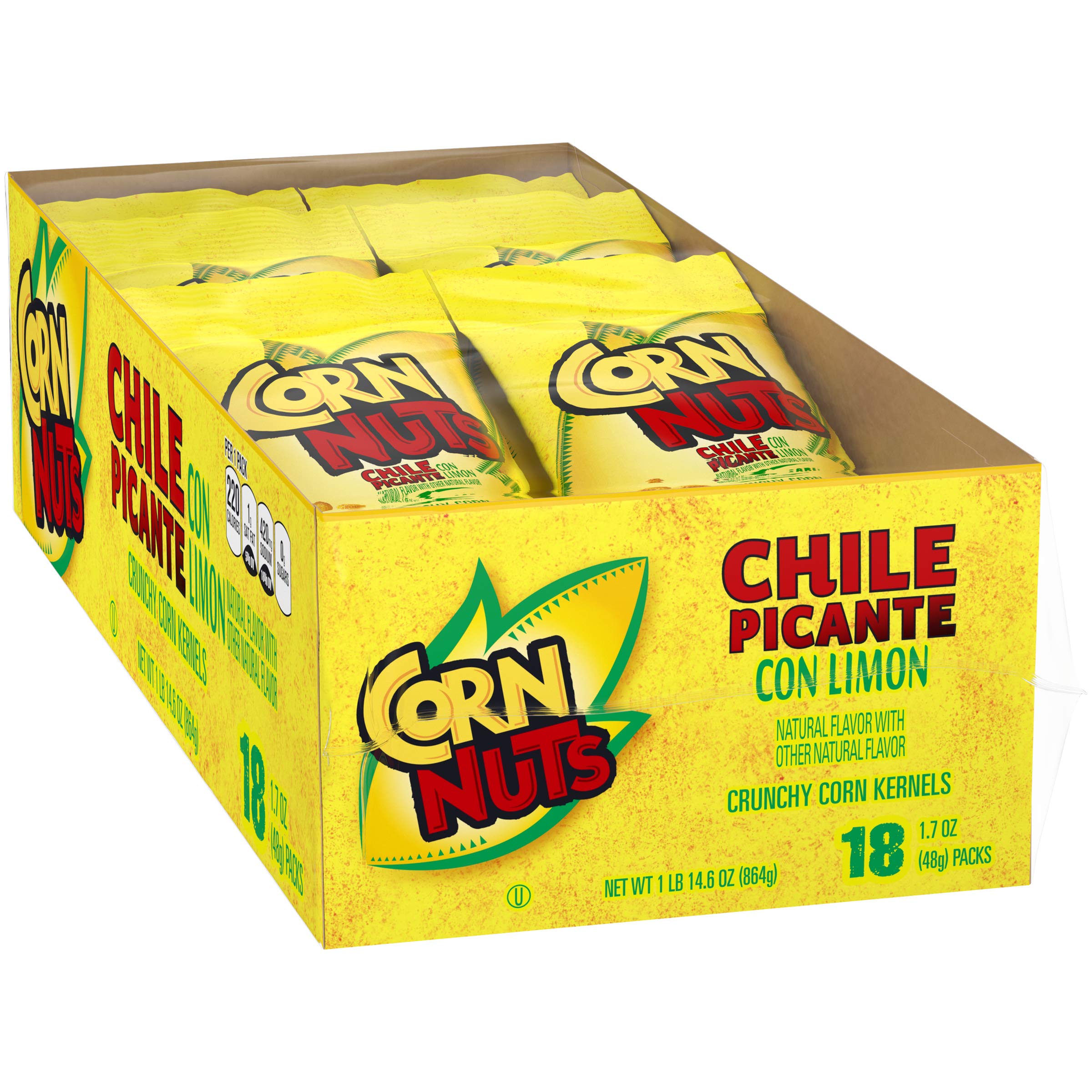 Corn Nuts Chile Picante con Limón back of package; kosher-certified crunch.