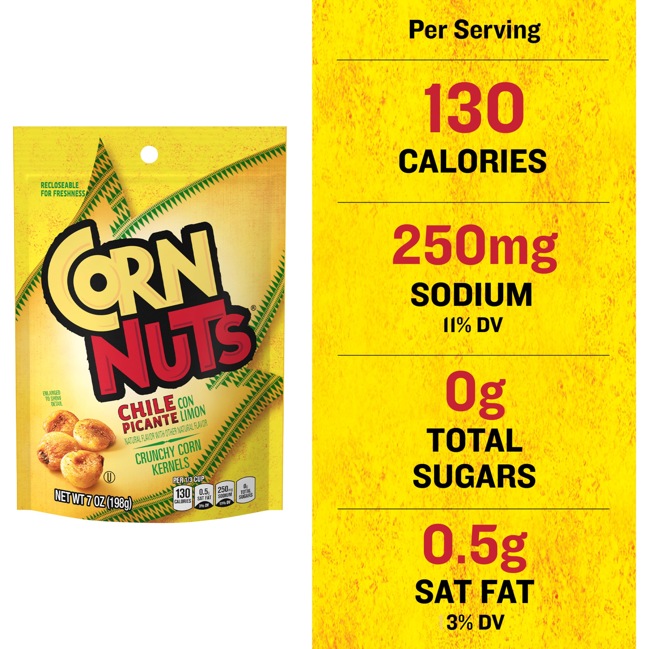 Corn Nuts Chili Lime ingredients display highlights garlic, onion, paprika for rich flavor.