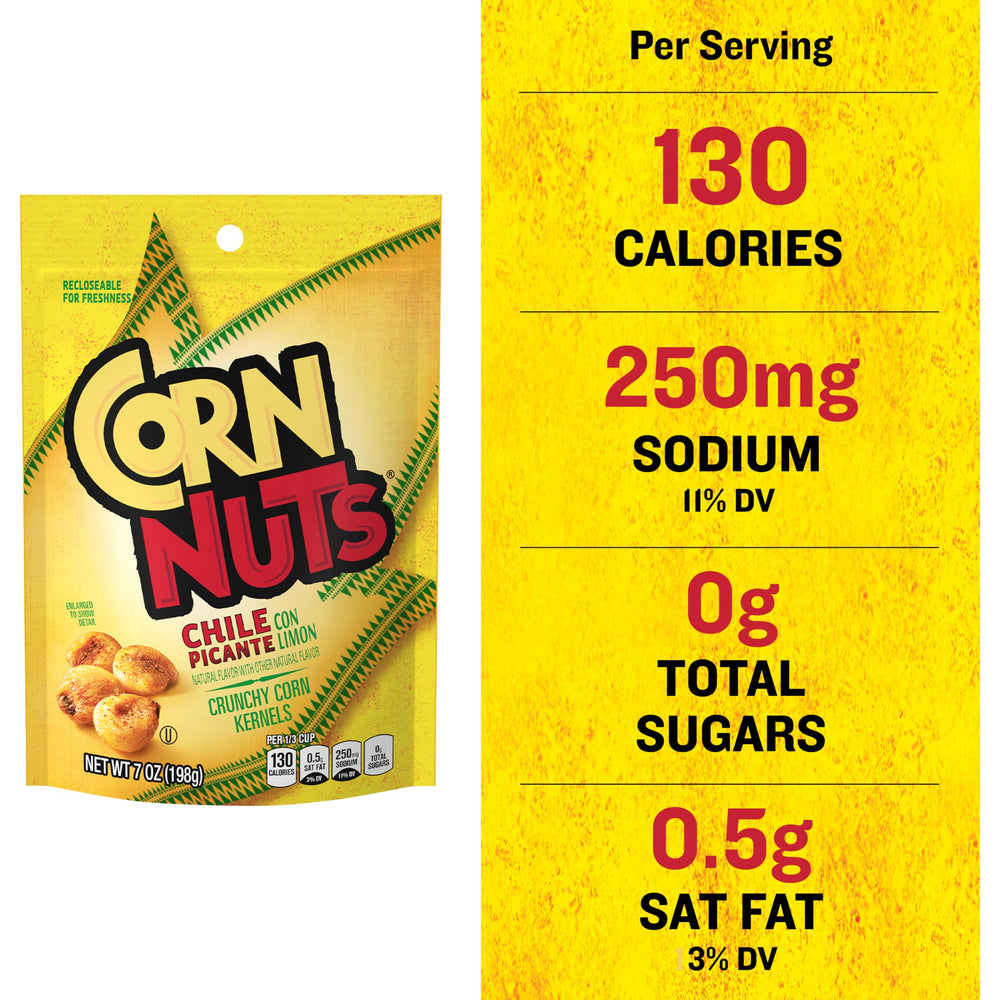 Corn Nuts Chili Lime ingredients display highlights garlic, onion, paprika for rich flavor.