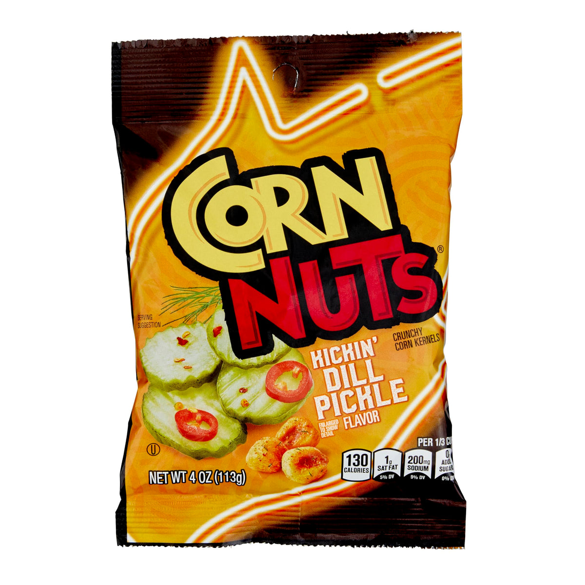 Corn Nuts Kickin' Dill Pickle crunch bag highlights bold flavor and on-the-go snacking.