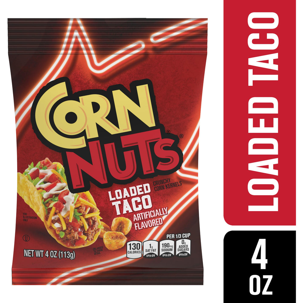 Party table with Corn Nuts Loaded Taco Flavor snacks and drinks.
