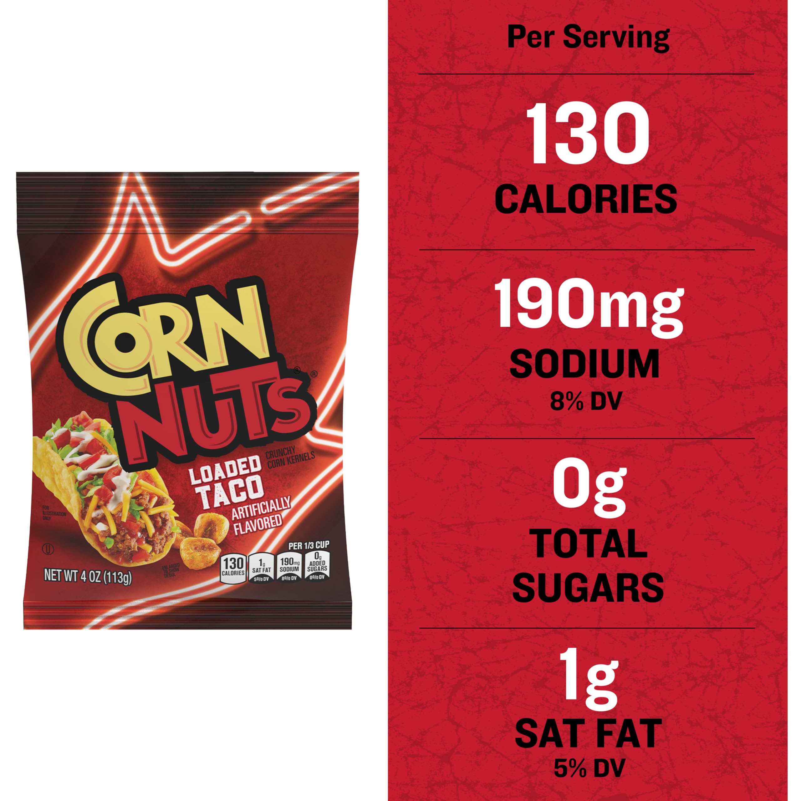 Twelve-pack display of CORN NUTS Loaded Taco Flavor packaging.