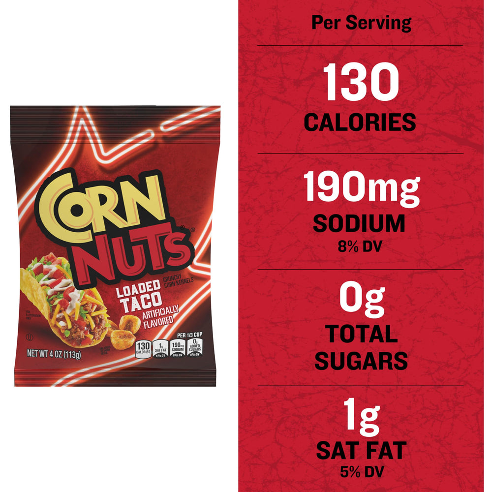 Twelve-pack display of CORN NUTS Loaded Taco Flavor packaging.
