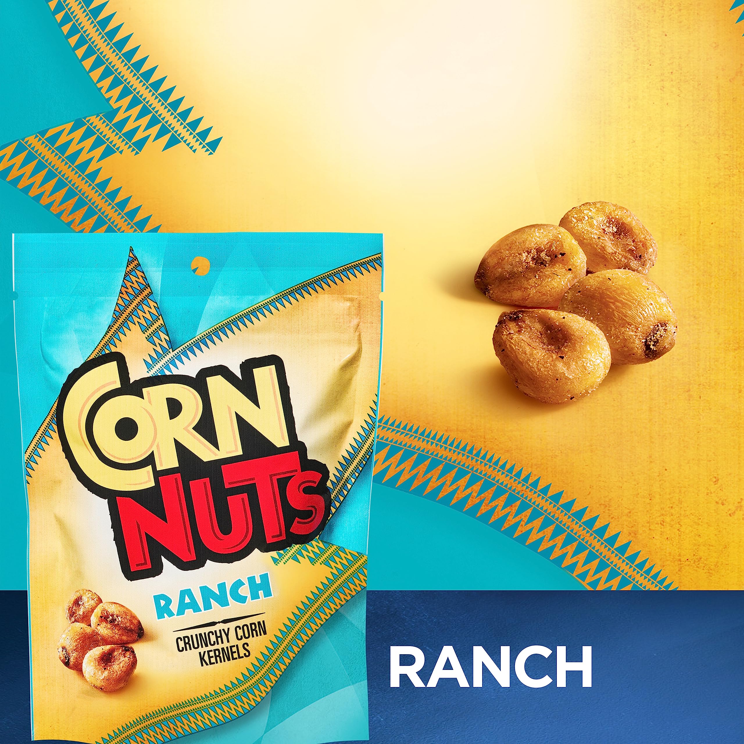 Corn Nuts Ranch packaging displays Kosher and gluten-free icons for dietary needs.