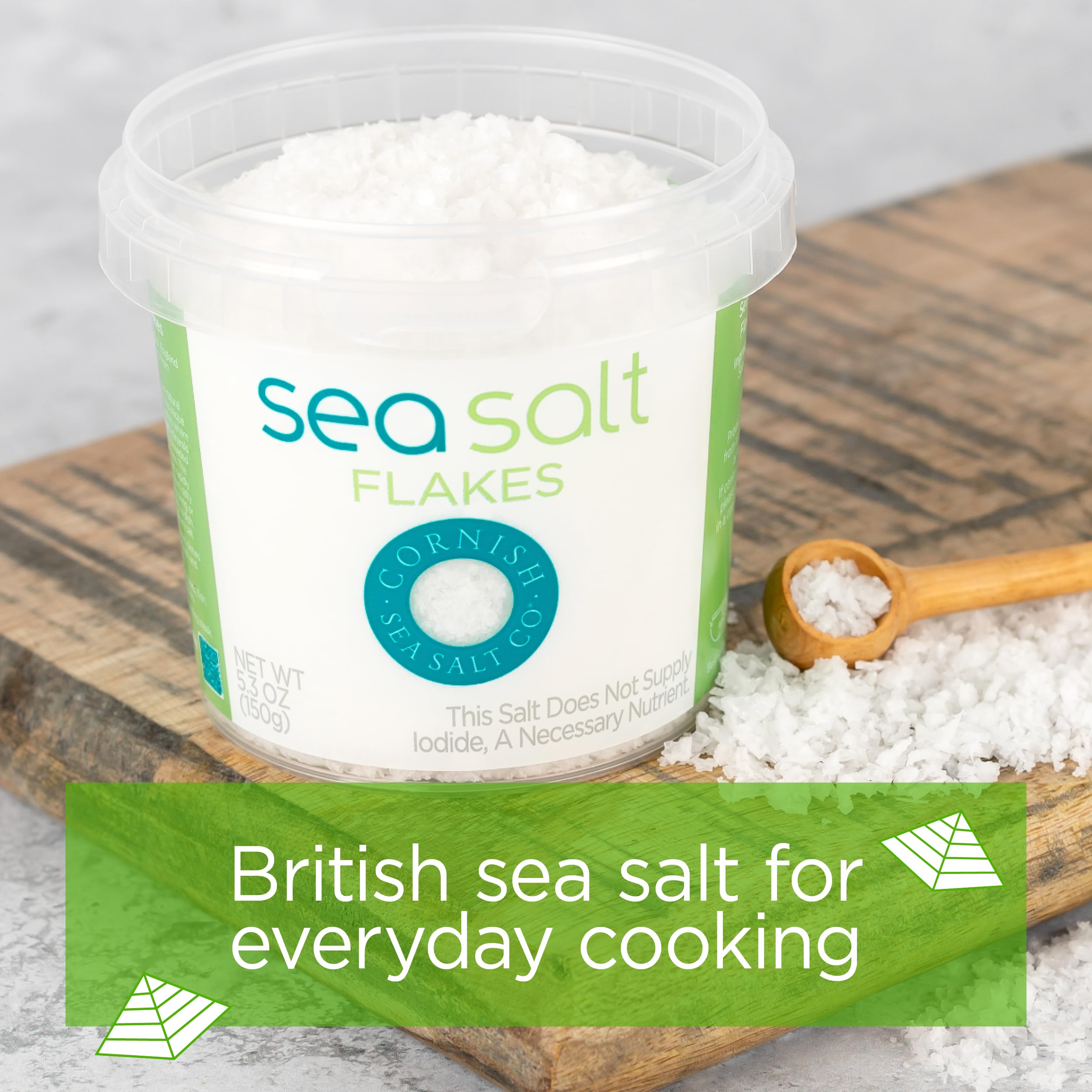 Cornish Sea Salt Co mineral flakes in a resealable tub suggest easy pantry storage.