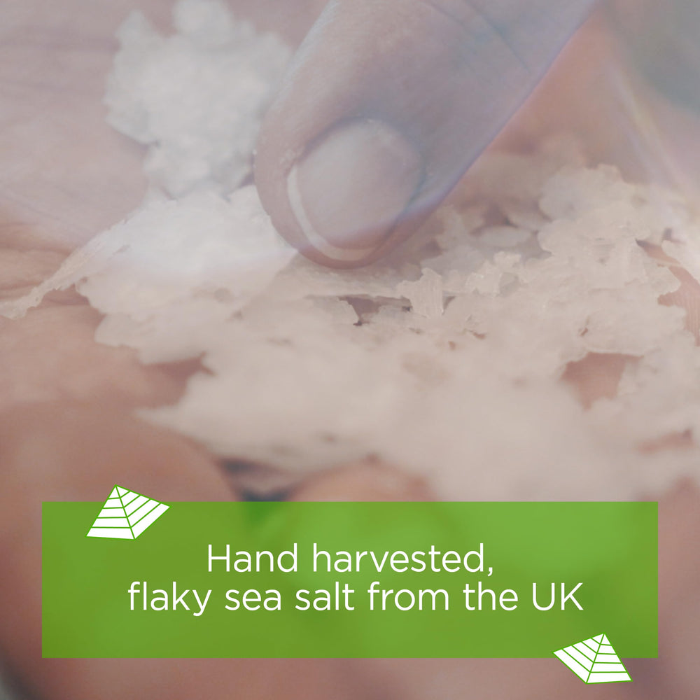 Re-sealable tub of Cornish Sea Salt Mineral Flakes keeps freshness for busy kitchens.
