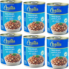 Cortas Fava Beans 14oz six-pack packaging showing gluten-free, protein-rich option.
